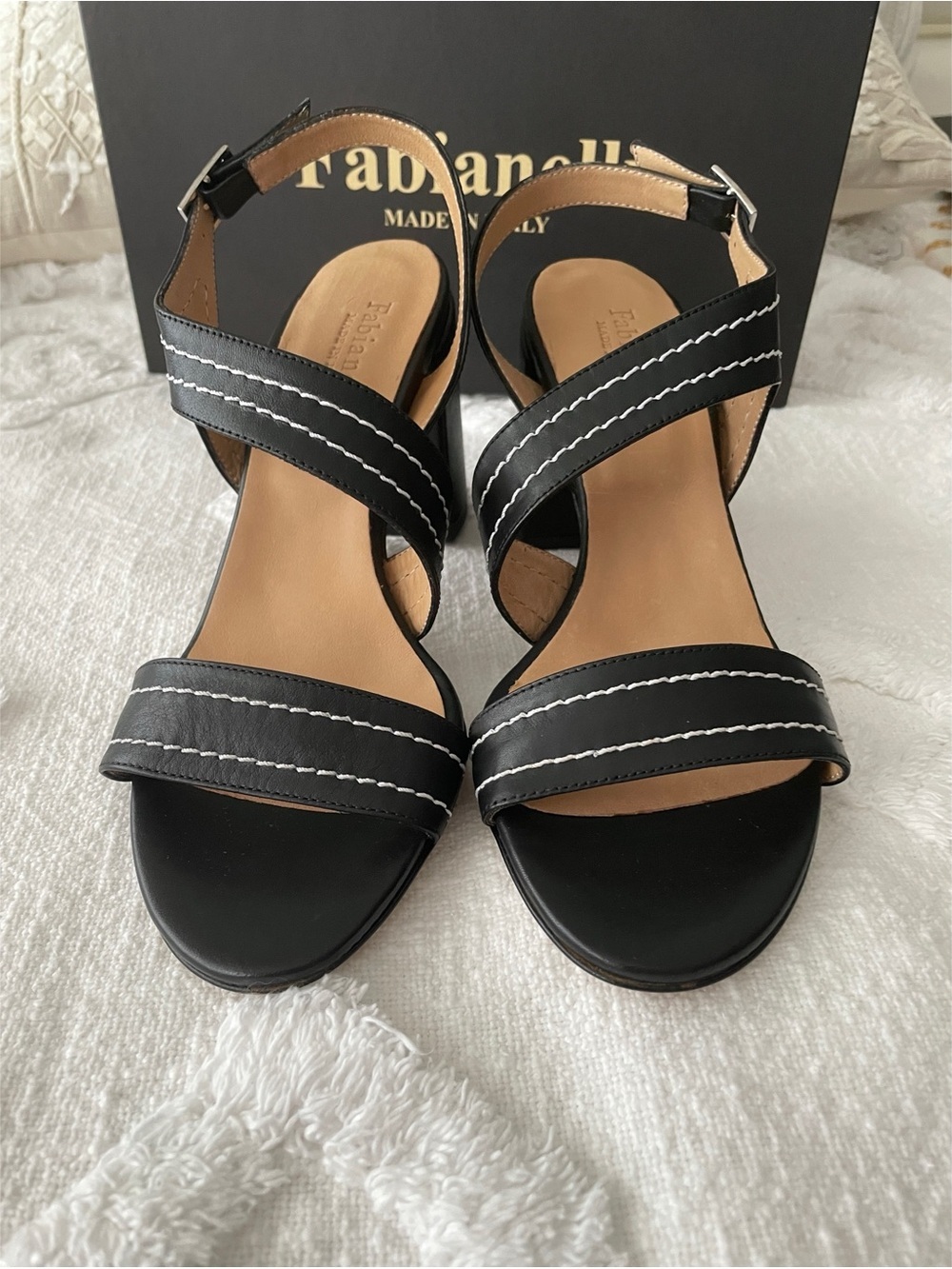 Fabianelli Italian Leather Block Heel Sandals with White Stitching